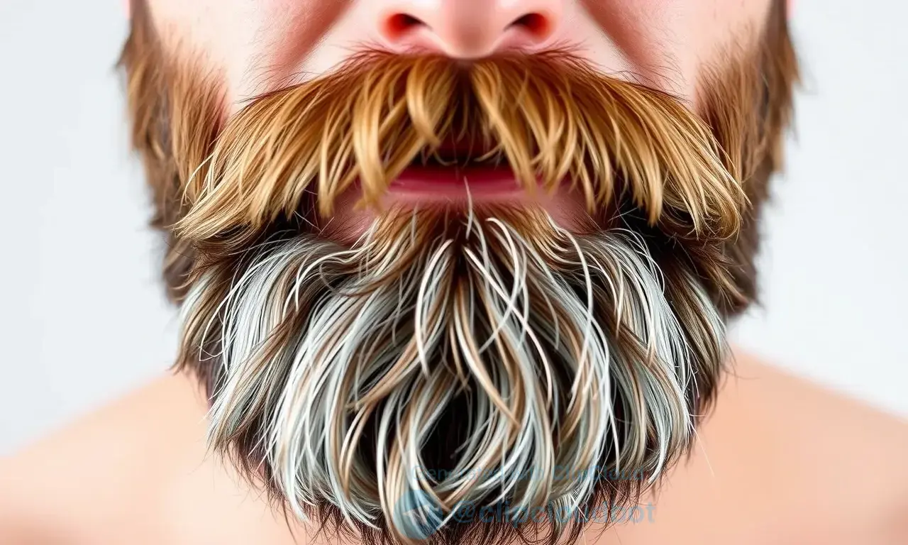 A close-up of a well-groomed beard with dry tips, set against a neutral background. The beard should appear healthy overall, with only the tips showing signs of dryness. The focus should be on the texture and condition of the beard, highlighting the contrast between the healthy and dry areas.