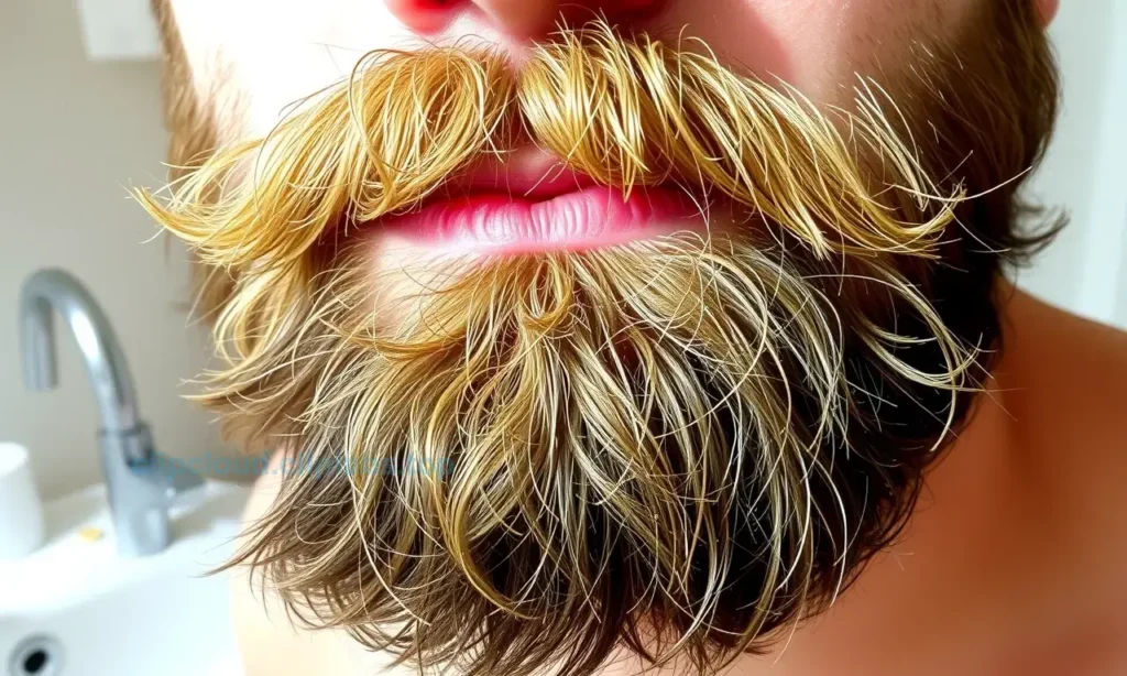 A close-up of a well-groomed male beard with visible split ends on the tips of facial hair, showing dry, frayed strands under soft natural lighting, no scissors or cutting tools present, focus on texture and hair health, subtle background of a bathroom sink with mild blur