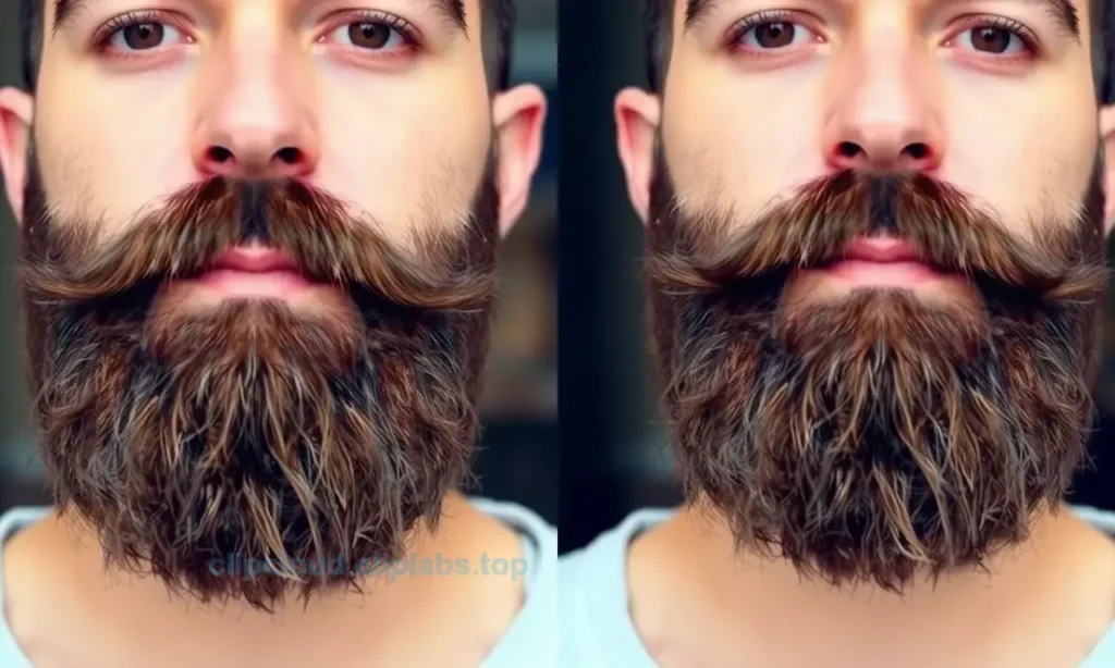 A well-groomed beard with a focus on the contrast between the oily roots and dry ends. The beard should appear healthy and balanced, showcasing the different textures. The person should have a neutral expression, highlighting the beard's condition.