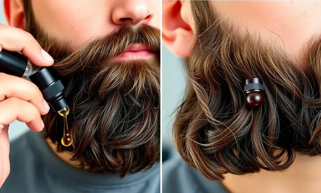 A person with a well-groomed beard and hair, showing the application of beard oil and hair oil separately, with a focus on the texture and shine differences between treated beard and hair. Include close-up details of the oils being applied to the beard and hair strands, highlighting the nourishing effect without any text or labels.