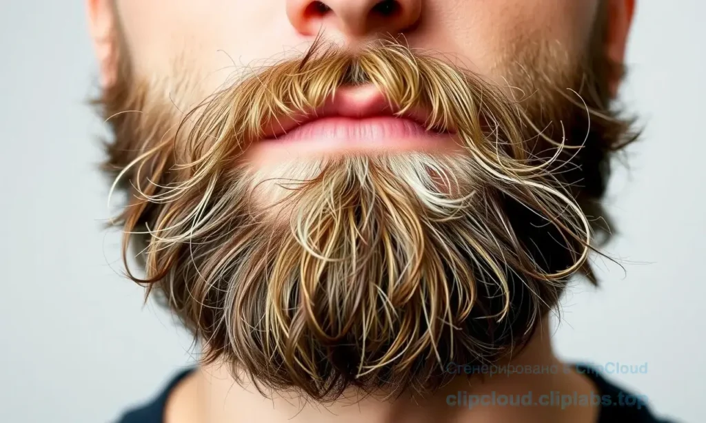 A close-up of a man's face showing a beard that appears unkempt and messy one hour after styling, with visible stray hairs, uneven length, and lack of grooming, set against a neutral background, conveying a realistic and relatable scenario for beard care advice