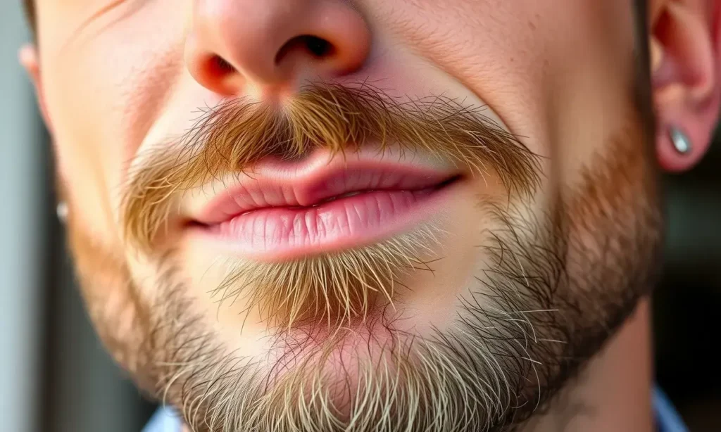 A close-up of a well-groomed man in his 30s with a neatly trimmed beard, showing healthy skin texture and hair strands, soft natural lighting, realistic detail, no text or symbols on the face
