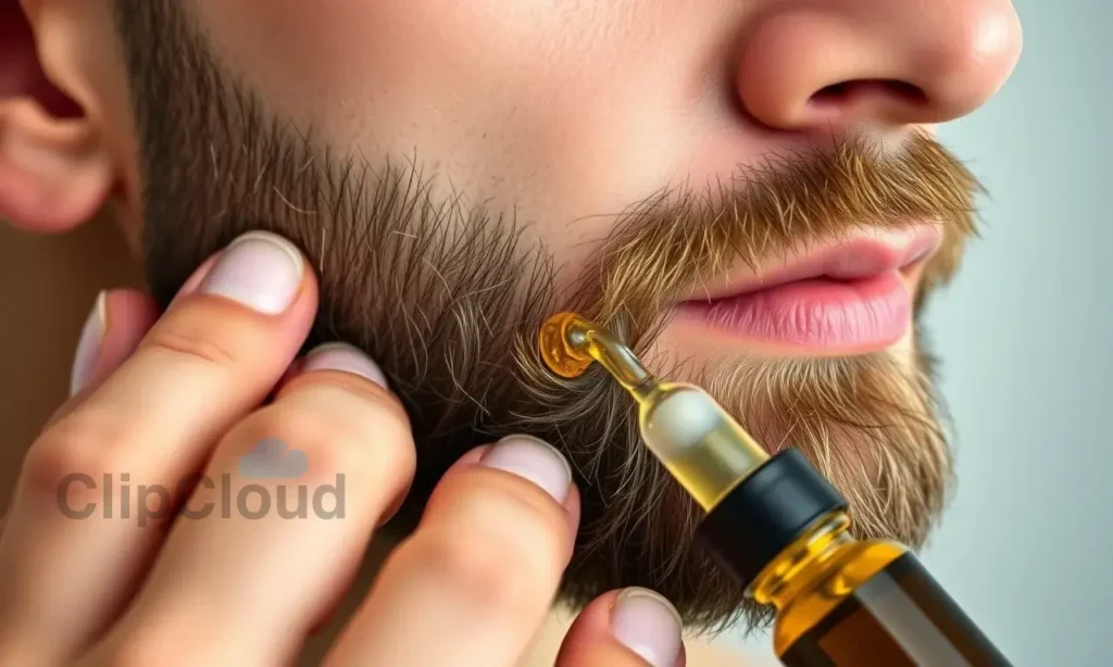 A close-up, high-quality image of a man with a well-groomed beard applying beard oil to his chin. The lighting should be soft and natural, highlighting the texture of the beard and the oil. Focus on the man's face and the application of the oil.