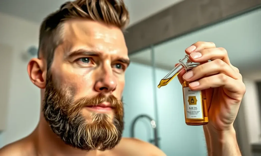 A high-quality, realistic image of a man with a well-groomed beard applying beard oil. The man should have a clean, healthy complexion and a neatly trimmed beard. He is holding a small, elegant glass bottle of beard oil and is in the process of applying it to his beard. The lighting should be soft and natural, highlighting the texture of the beard and the sheen of the oil. The background should be a clean, modern bathroom or a neutral studio setting to keep the focus on the subject and the produ