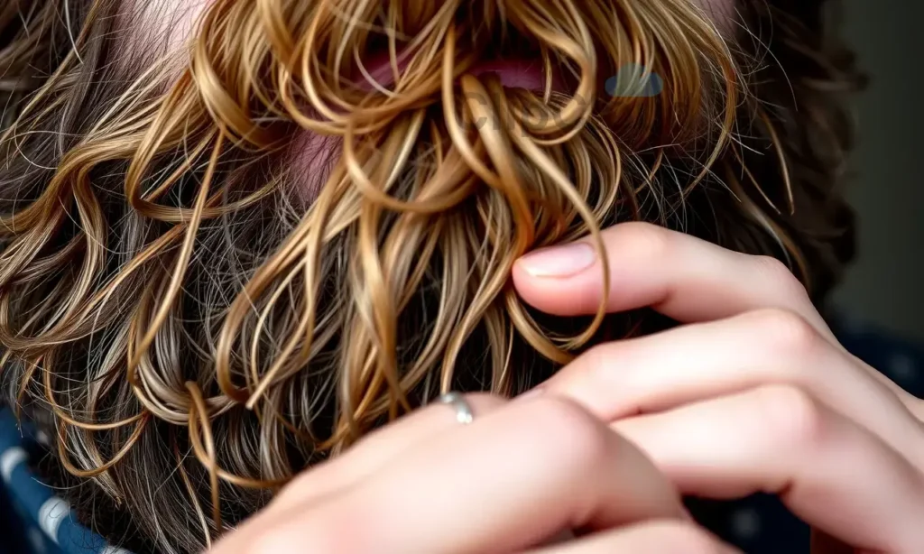 A close-up, detailed image of a man's beard being carefully untangled. The beard is thick and slightly messy, with strands intertwined. Hands are gently working to separate the knots, showing a focus on precision and care. Soft, natural lighting highlights the texture of the beard and the hands.