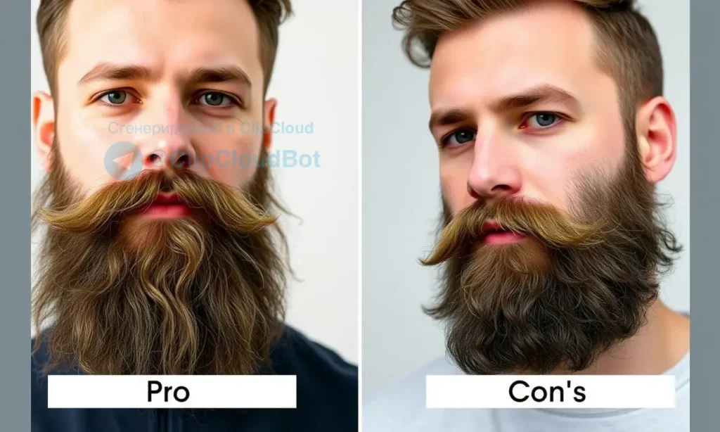 A split-screen comparison image. On the left, a man with a healthy, thick, and well-groomed beard, representing the 'pro' aspect of having a beard with oily skin. On the right, a man with a patchy, thin, or uneven beard, representing the 'con' or challenge of growing a full beard with oily skin. The background should be neutral and clean to focus on the facial hair.