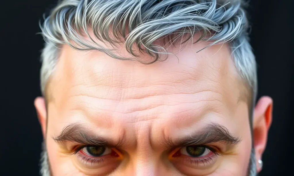 A close-up of a man's face showing a full beard and scalp with visible hair, where the beard appears more gray than the hair on the head, illustrating premature beard greying compared to scalp hair, realistic skin texture, natural lighting, no text or symbols