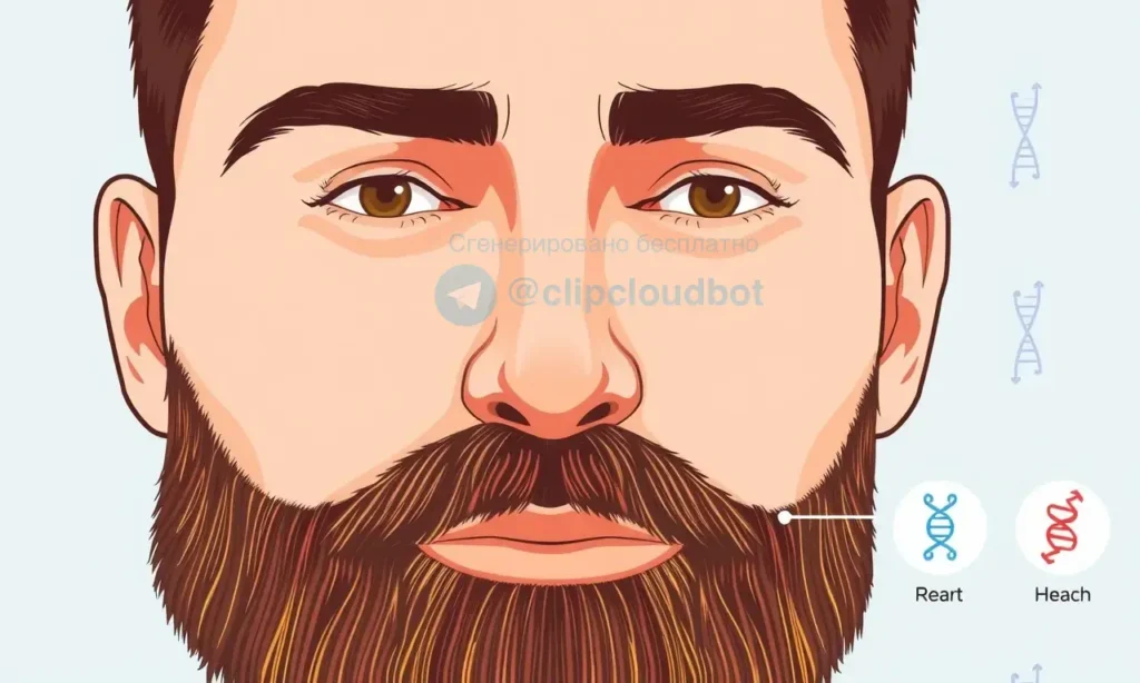 A detailed illustration of a human face with a close-up view of both beard hair and head hair, highlighting the differences in texture and thickness. The beard hair should appear coarser and more rigid, while the head hair should look softer and more flexible. The image should also include subtle visual cues representing hormones and genetics, such as abstract DNA strands and hormone symbols, to indicate their influence on hair characteristics.