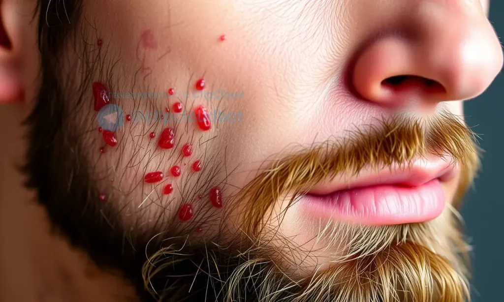 A close-up image depicting a man's face with a beard, showcasing skin imperfections and irritation. The focus should be on the skin texture around the beard, highlighting redness, dryness, and potential breakouts. The lighting should be soft and natural, emphasizing the details of the skin.