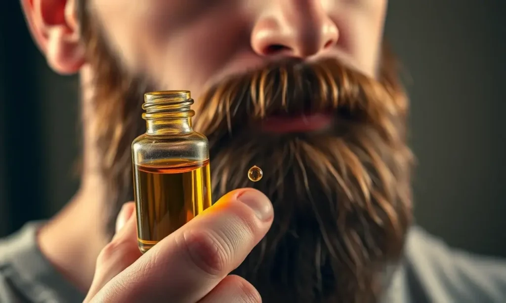 A high-quality, close-up shot of a well-groomed man with a thick, healthy beard. He is holding a small, elegant glass bottle of beard oil, with a single drop of oil visible on his fingertip, ready to be applied. The background is a soft, out-of-focus studio setting with warm lighting, emphasizing the texture of the beard and the clarity of the oil. The overall mood is one of premium grooming and self-care.