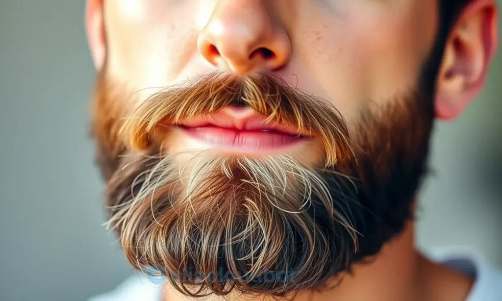A well-groomed beard showing healthy, shiny, and strong hairs, with a man's face in soft natural lighting, emphasizing the texture and vitality of the beard, no visible damage or dryness
