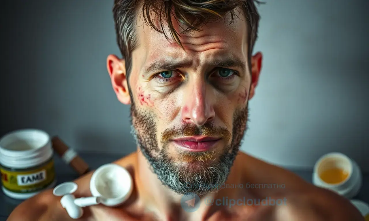 A realistic portrait of a man with a short, slightly unkempt beard, showing visible irritation and redness on the skin under the beard. The skin appears dry, flaky, and slightly swollen, indicating a reaction to excessive cosmetic products. Around the man, there are several open cosmetic containers (creams, oils, balms) spilling a bit, emphasizing overuse. The lighting is soft and natural, focusing on the texture of the skin and the beard, with a subtle background that does not distract from the