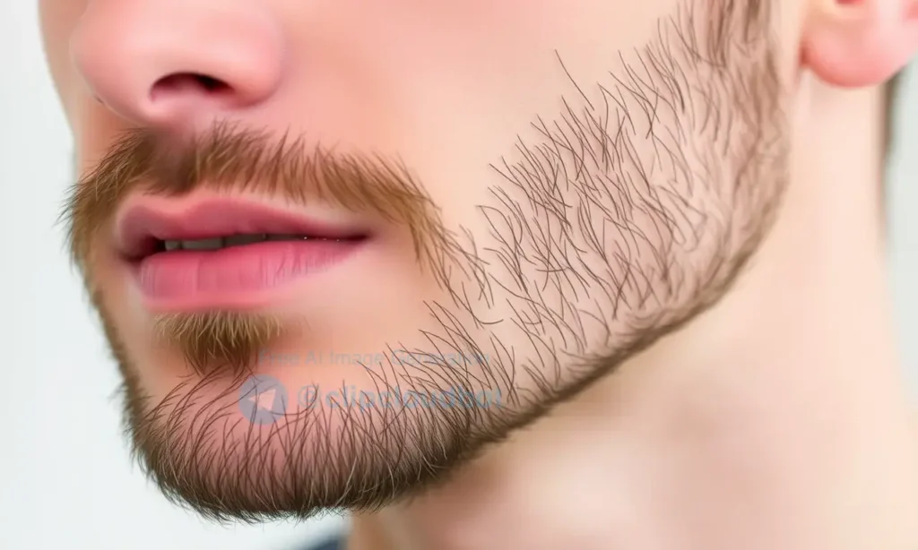 A close-up of a man with a short beard in the early stages of growth, showcasing the texture of the stubble. The man should have a well-groomed appearance, with the beard looking soft and manageable. The image should highlight the natural look of the beard without any additional styling products visible.