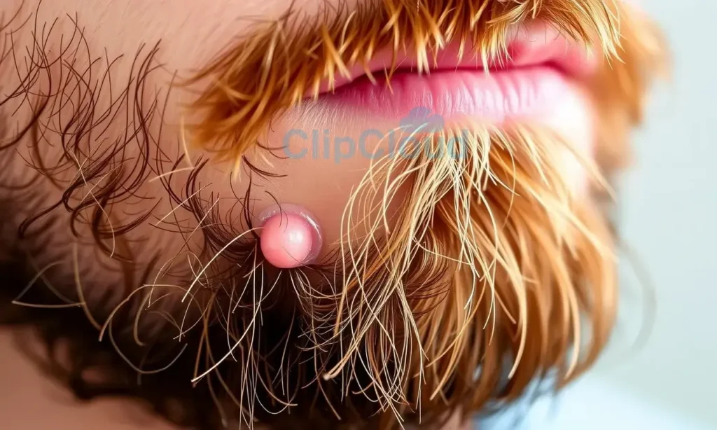 A close-up of a man's beard with visible ingrown hairs causing small red bumps and irritation, showing natural skin texture and hair details, realistic lighting, no text or symbols