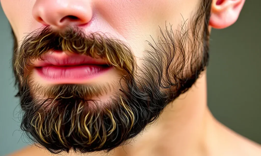 A close-up of a man's face with a well-groomed beard, showing balanced skin texture—slightly oily but not shiny, with a healthy, matte finish under natural daylight. The beard is neat, clean, and slightly damp from skincare, with no visible flakes or excessive grease. The skin beneath the beard appears clear and cared for, with subtle hydration. Soft, natural lighting highlights the texture without creating glare.