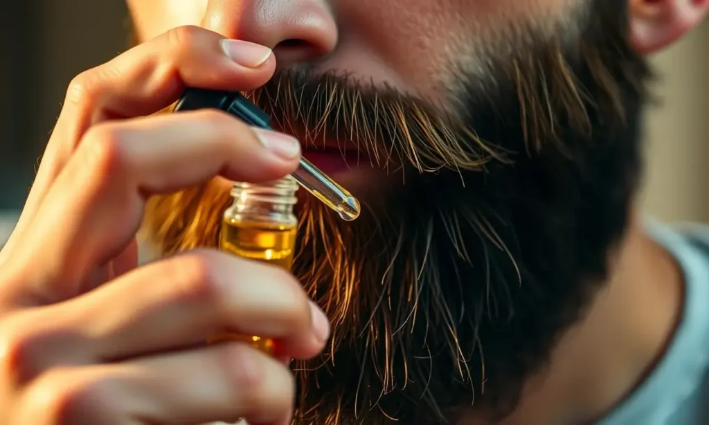 A high-quality, close-up shot of a man with a well-groomed beard applying beard oil. He is holding a small dropper bottle and carefully applying the oil to his beard. The lighting is soft and warm, highlighting the texture of the beard and the droplets of oil. The background is blurred to keep the focus on the man and the action. The image should convey a sense of care and proper grooming technique.