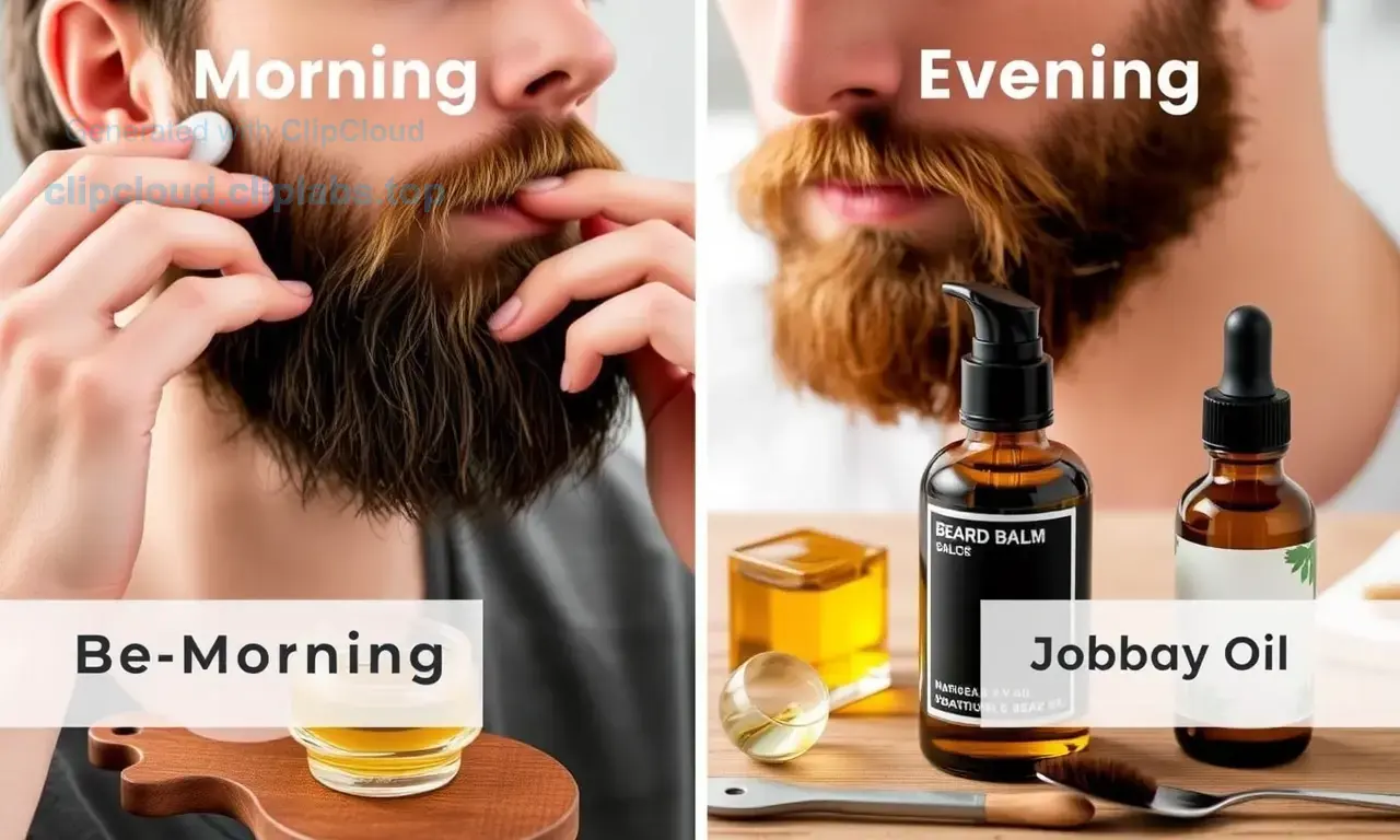A person applying beard balm in the morning and beard oil in the evening, with a beard, grooming tools, and natural ingredients like beeswax and jojoba oil visible