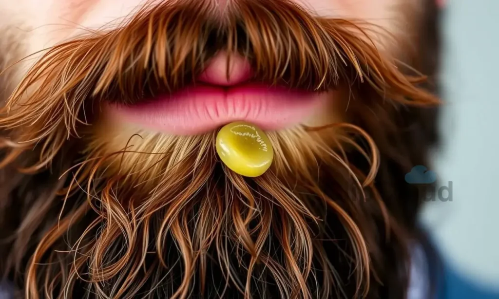 A close-up shot of a man's beard with a small amount of beard wax applied, showing how it holds the hair in place. The beard should be well-groomed but not overly styled. Focus on the texture of the beard and the wax.