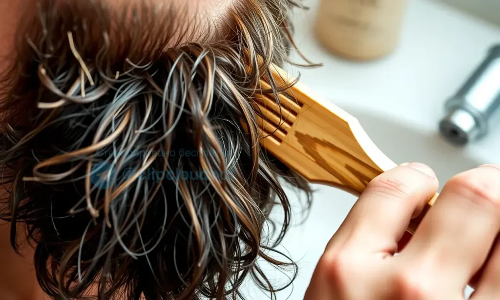 A close-up of a man's tangled beard with knots and clumps, being gently combed with a wooden beard comb by a caring hand, soft natural lighting, realistic skin and hair texture, bathroom sink background with mild blur, no text or symbols