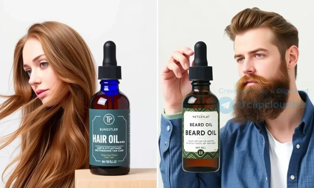 A split-screen comparison image showing a bottle of hair oil on the left and a bottle of beard oil on the right. The hair oil bottle is next to a woman with long, flowing hair, while the beard oil bottle is next to a man with a well-groomed beard. The background is a clean, neutral studio setting with soft lighting to highlight the products and their intended use cases.