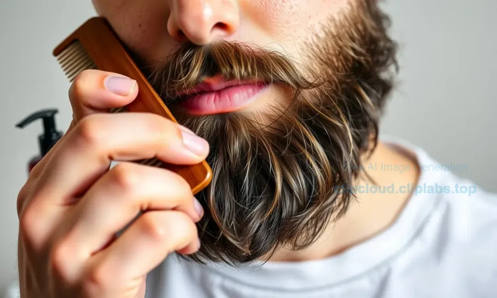 A close-up portrait of a well-groomed beard on a clean, neutral background, showing a man gently brushing his beard with a wooden comb, a small bottle of beard oil on a side table, and a neatly trimmed beard with soft, natural lighting that highlights the texture and shine of the hair, conveying a sense of daily care and a tidy appearance