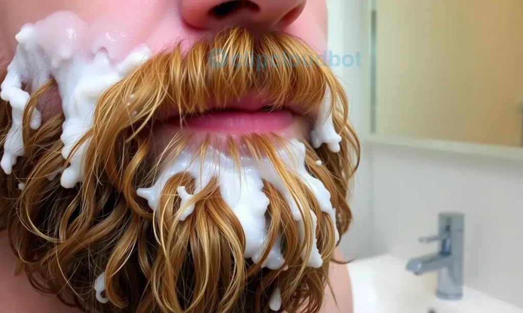 A close-up of a man with a thick, well-groomed beard. The beard appears slightly oily and has a faint, unpleasant odor. The man is in the process of washing his beard with a shampoo, but the lather is not fully covering the beard, indicating improper washing technique. The background is a bathroom setting with a sink and a mirror.