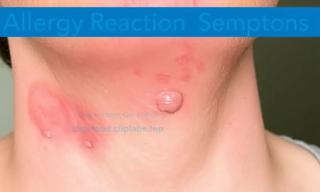 A close-up of irritated, reddened skin on a person's neck and chin area, showing allergic reaction symptoms such as redness, slight swelling, and small bumps. The background is neutral and blurred to focus on the skin condition. No text or labels present.