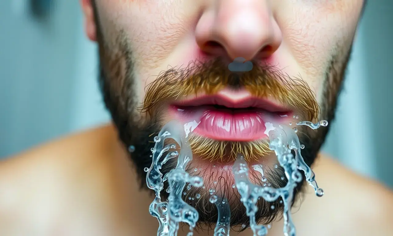 A close-up, high-quality shot of a man's face, focusing on his beard. He is in the process of washing his beard with water, which is splashing around his chin and mouth. The water is clear, and the man's skin and beard are wet, indicating the rinsing stage of cleaning. The background is a simple, out-of-focus bathroom setting to keep the focus on the action.