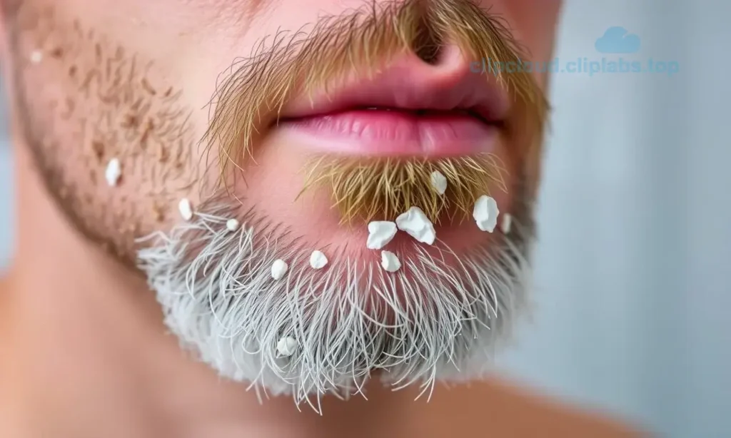 A close-up view of human skin under a beard showing visible flaking and peeling after a shower, with dry, cracked texture and small white skin particles shedding, natural skin tones, realistic detail, soft bathroom lighting, steam or water droplets in background