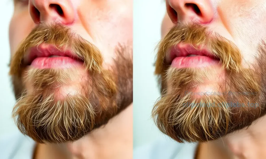 A close-up of a man's face with a beard that appears unkempt despite daily grooming, showing stray hairs, uneven trimming, and a contrast with a clean, well-groomed beard side by side, illustrating the challenge of maintaining a tidy beard.