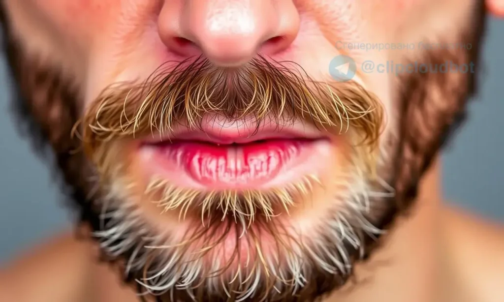 A close-up of a man's face with a beard, showing the skin underneath the beard that appears tight and slightly red, indicating discomfort. The focus should be on the skin texture and any visible signs of dryness or irritation. The man should have a neutral expression, and the lighting should be soft to highlight the skin condition without being harsh.