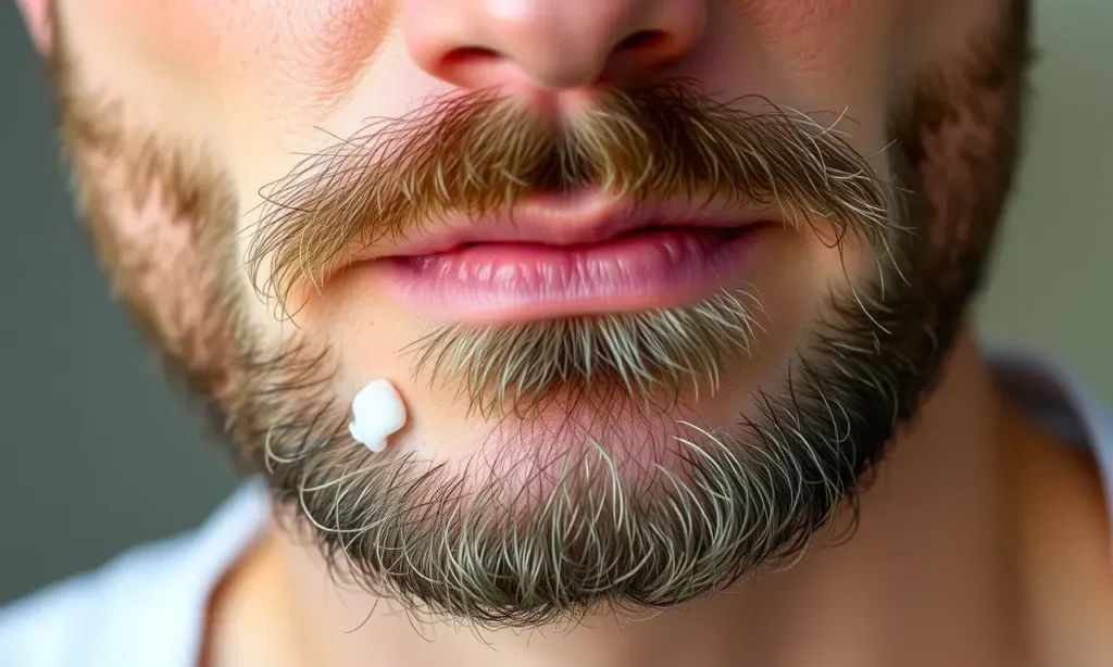 A close-up, high-quality photograph of a man's lower face, focusing on the skin under his beard. The skin appears slightly red and irritated, indicating a reaction to a product. A small amount of white cream or cosmetic product is visible on the skin near the jawline. The lighting is soft and natural, highlighting the texture of the skin and the beard.