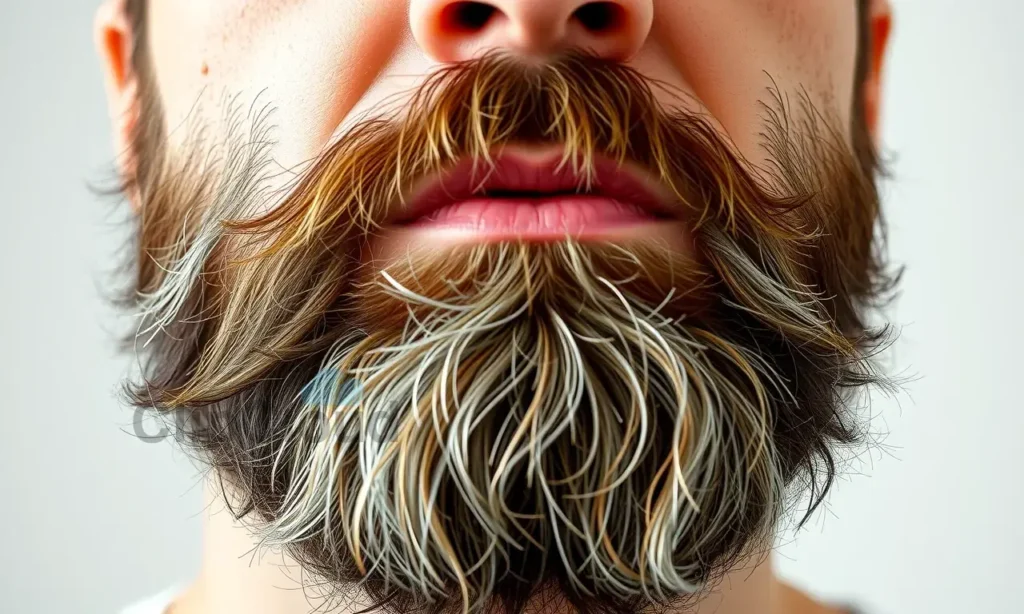 A close-up of a man's face showing an unkempt beard one hour after grooming, highlighting uneven growth, stray hairs, and lack of shape, with a frustrated expression, in a realistic style