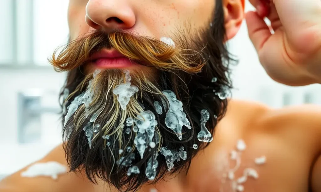 A close-up of a man with a thick, well-groomed beard, showing the texture and details of the beard. The man is in the process of washing his beard with a beard-specific shampoo, with suds visible. The background is a clean, modern bathroom with a white sink and a mirror. The focus is on the beard and the washing process to illustrate the topic of beard hygiene.