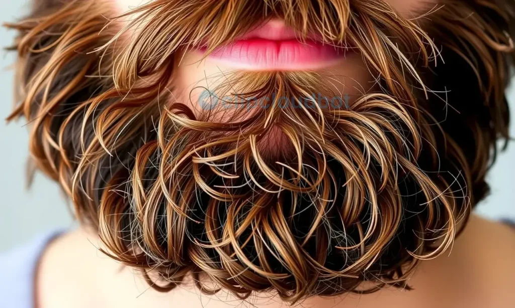 A close-up of a well-groomed beard with oily roots and dry ends, showcasing the contrast in texture. The beard should appear healthy and well-maintained, with a focus on the different care needs for the roots and ends. The background should be neutral and uncluttered to keep the focus on the beard.
