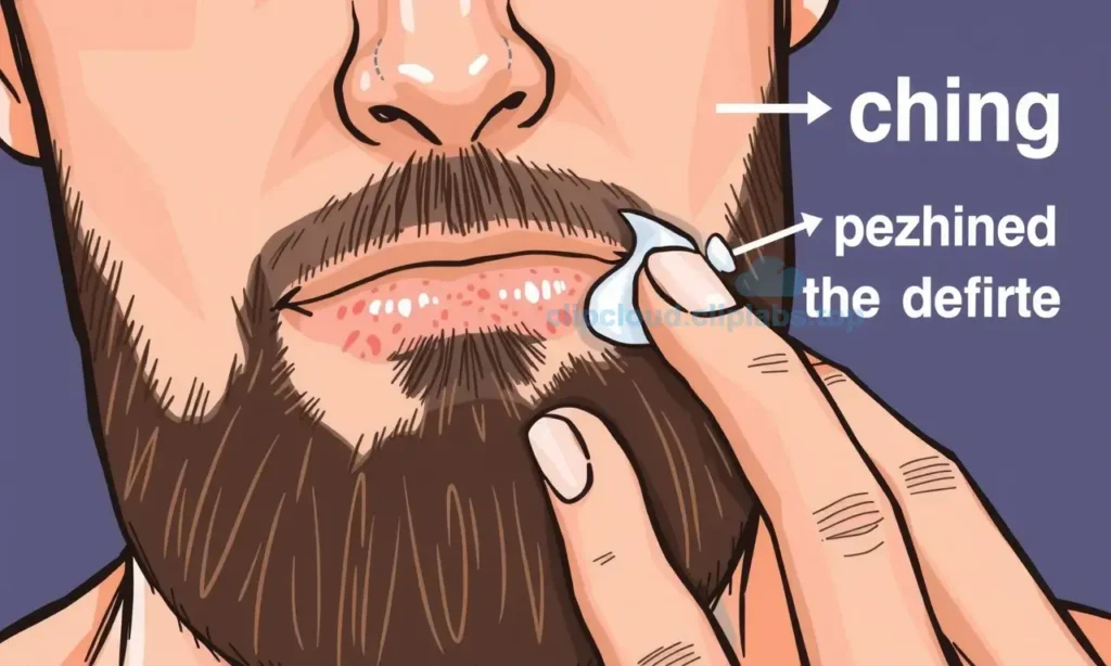 A close-up illustration showing a man's face with a beard, focusing on the skin under the beard where itching and dryness occur, with visual cues like redness or flaky skin, and a hand gently applying moisturizer to the area, conveying relief and skin health improvement