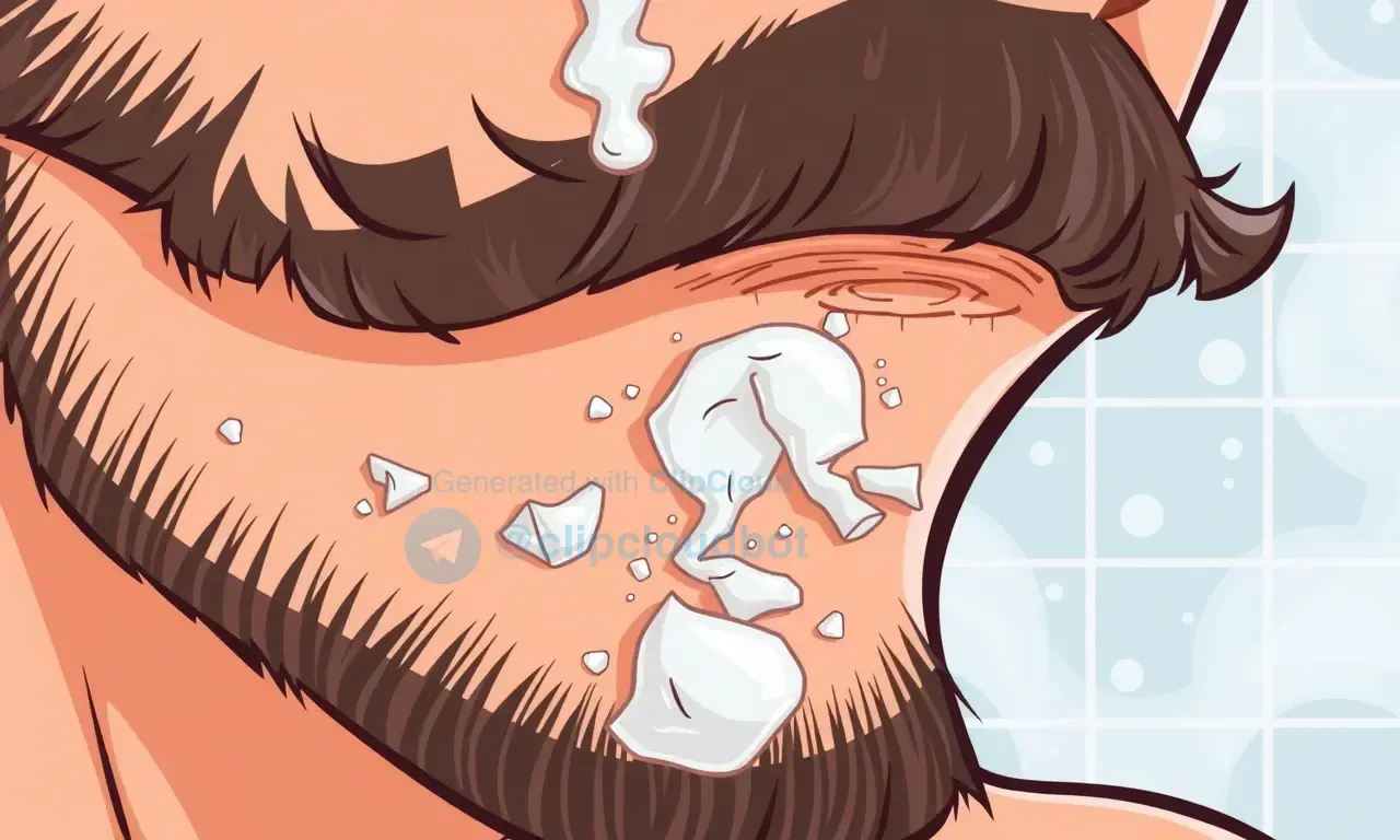 A close-up illustration showing human skin under a beard where the skin is visibly peeling and flaking after taking a shower, with steam or water droplets in the background to indicate a bathroom setting, in a clear, detailed cartoon style