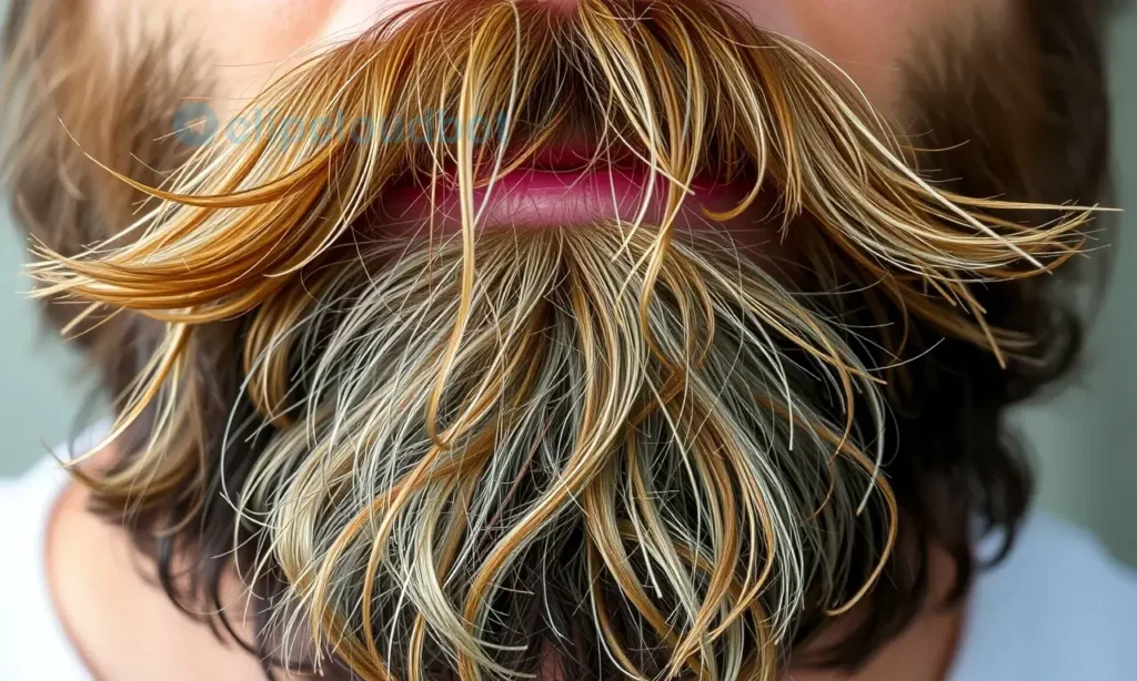 A close-up shot of a man's beard after it has been recently styled. The beard appears slightly messy and unkempt, with some strands falling loose. The lighting should be natural and highlight the texture of the beard. Focus on the beard's condition and the contrast between the styled appearance and the current state.