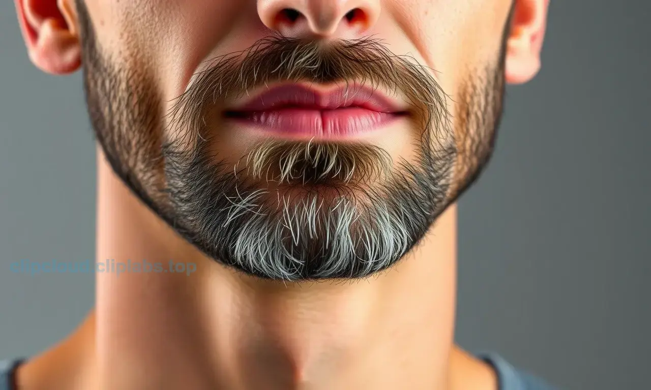 A close-up, high-quality portrait of a man in his late 30s or early 40s, focusing on his face and jawline. He has a short, well-groomed beard that appears to be in the early stages of growth, with some visible stubble and finer hairs, illustrating the concept of slower beard growth. The lighting is soft and natural, highlighting the texture of the skin and hair. The background is a neutral, blurred studio setting to keep the focus on the subject.