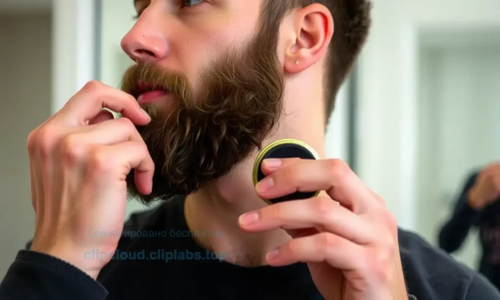 A man applying beard wax to his beard, showing the wax holding the beard in place. The scene should depict a well-groomed beard with the wax maintaining its shape throughout the day. Include subtle details like a mirror, comb, or grooming tools in the background to emphasize the application process.