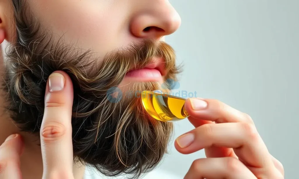 A high-quality, close-up shot of a man's face focusing on a well-groomed, thick beard. The man is applying a clear, viscous oil to his beard with his fingers, demonstrating the texture and absorption of the product. The lighting is soft and professional, highlighting the sheen of the oil and the individual hairs of the beard. The background is a clean, neutral studio setting to keep the focus on the grooming process.