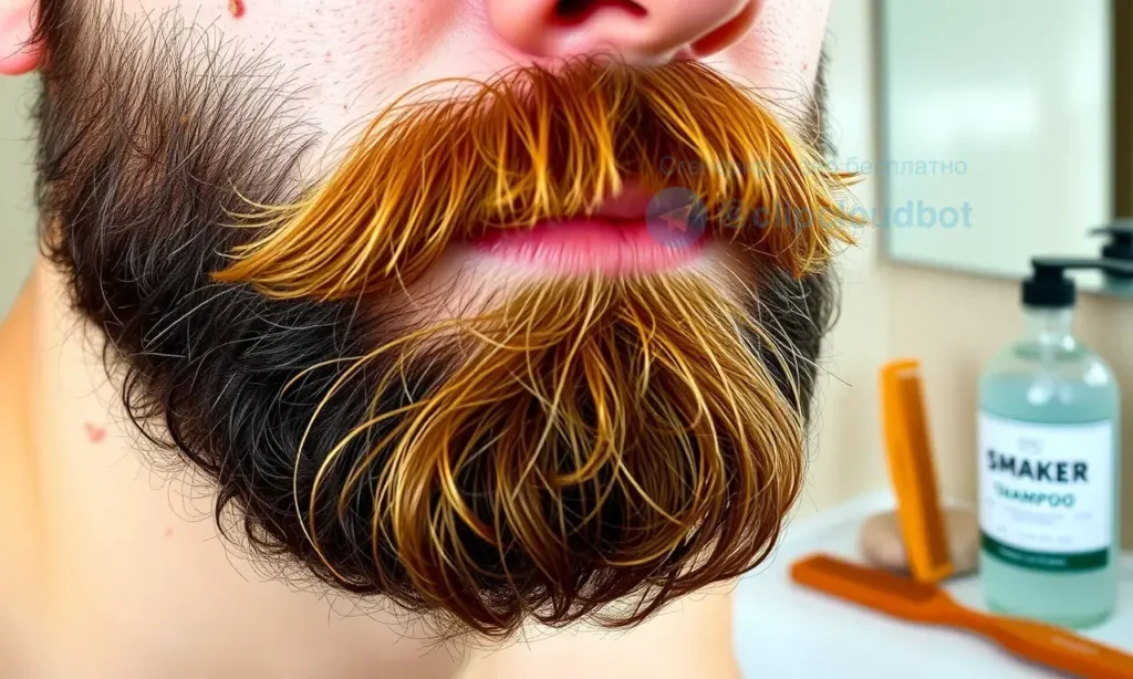 A close-up of a man's beard with visible tobacco smoke particles and a faint yellowish tint on the facial hair, showing signs of odor absorption, set against a neutral bathroom background with a bottle of beard shampoo and a comb nearby, soft natural lighting, realistic detail