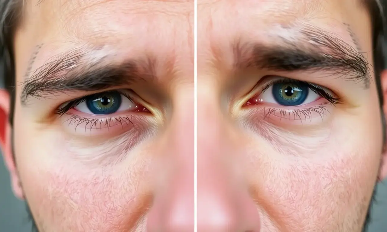 A close-up of a man's face showing early signs of beard graying compared to his scalp hair, with a subtle visual timeline overlay indicating accelerated beard greying, realistic skin texture, natural lighting, no text or symbols on skin