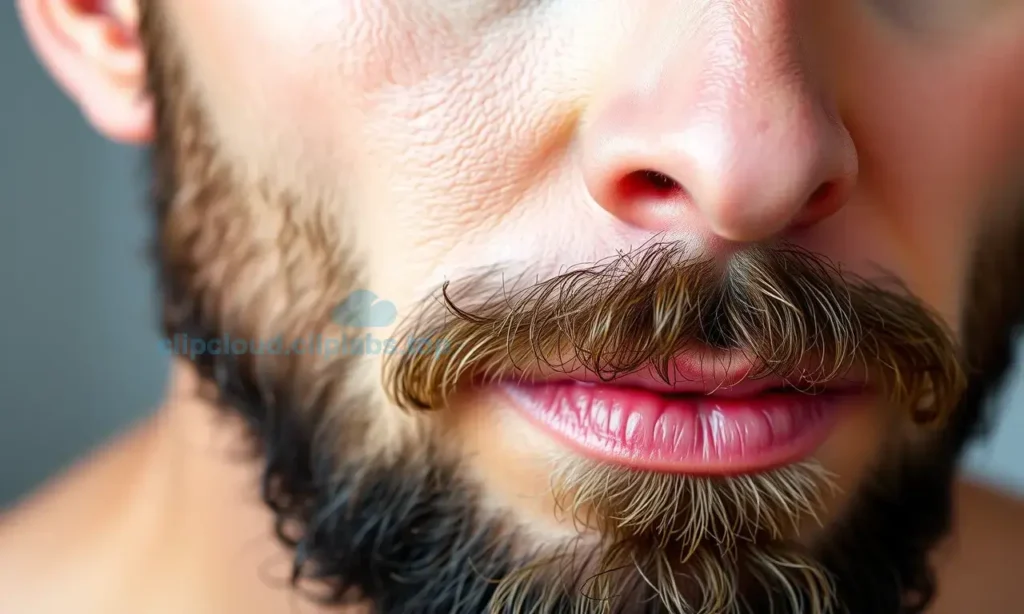 A close-up, high-quality photograph of a man's face focusing on the area under his beard. The skin appears slightly shiny and oily, indicating a need for care. The man has a well-groomed, dark beard. The lighting is soft and natural, highlighting the texture of the skin and hair. The background is blurred to keep the focus on the subject's face.