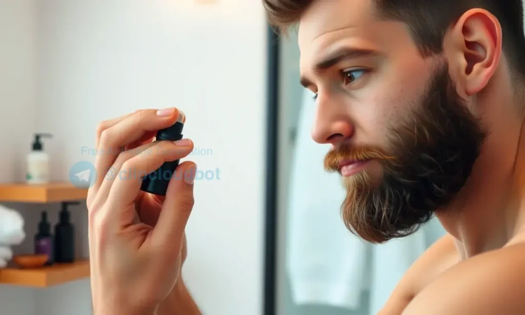 A man with a well-groomed beard, gently applying beard oil to his facial hair and skin, showing a calm and clean skincare routine. The skin around the beard appears healthy, with no visible acne or irritation, in a softly lit bathroom setting with natural elements like a wooden shelf, a small bottle of beard oil, and a clean towel. The focus is on the gentle application and the harmony between beard care and acne-prone skin.