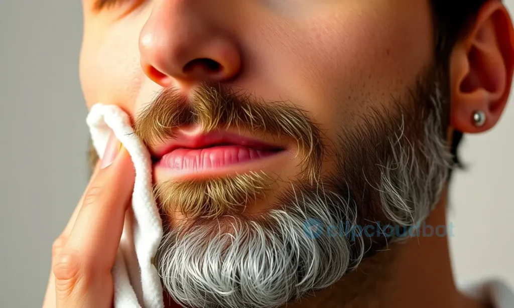 A close-up, high-quality shot of a man's face with a well-groomed, soft-looking beard. He is gently touching his cheek with a soft, white cloth or cotton pad, demonstrating a soothing action. The lighting is warm and soft, highlighting the texture of the beard and skin. The background is a clean, neutral, out-of-focus studio setting. The overall mood is one of care, gentleness, and relief from irritation.