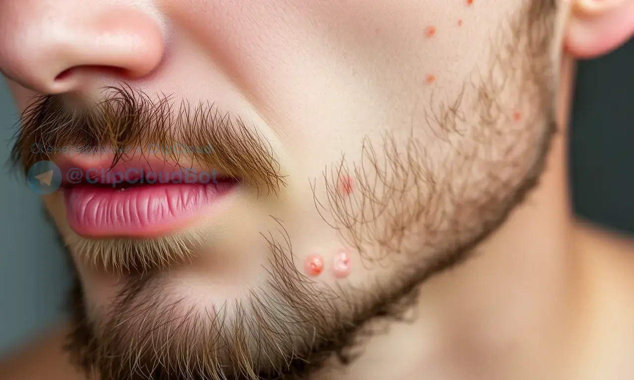 A close-up of a man's face showing acne and redness on the skin under the beard, with visible irritation and small pimples, soft natural lighting, realistic skin texture, no makeup, no text or symbols