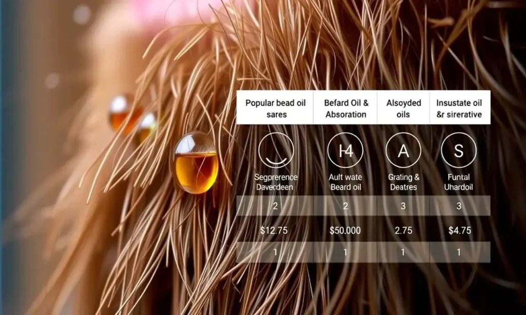 A close-up of a beard with visible oil droplets and a glossy surface, showing a comparison chart of popular beard oils with labels indicating absorption rates, high quality, 1280x720 resolution