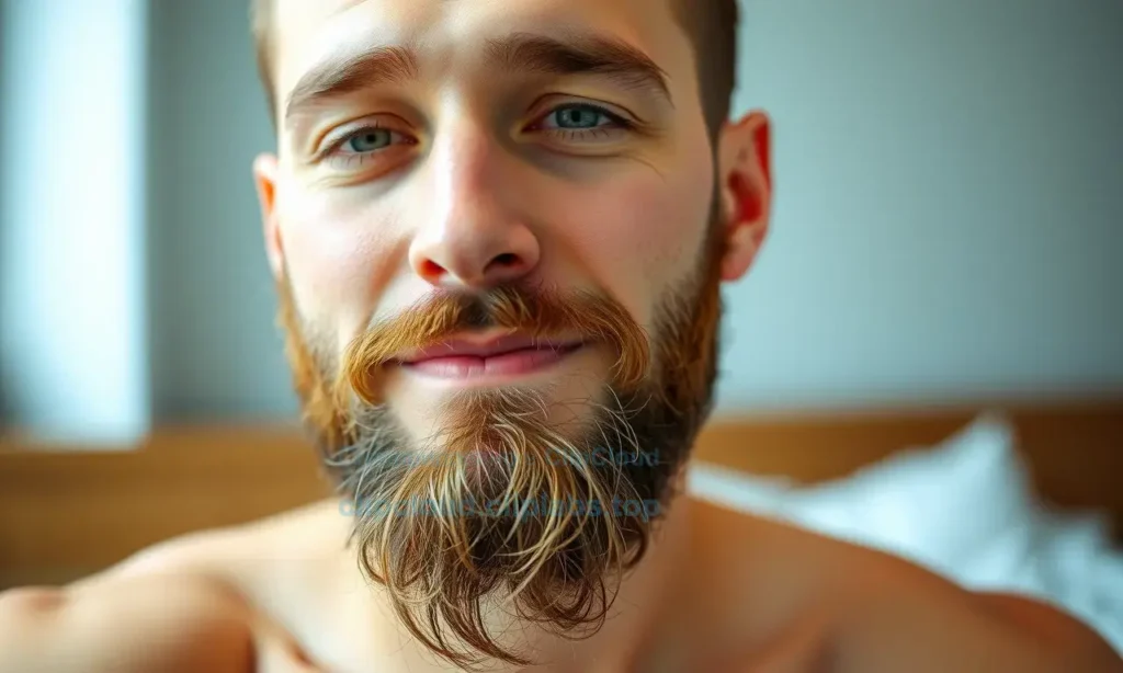A man with a neatly trimmed beard, looking refreshed and well-groomed after waking up. The beard should be styled and tidy, showing the result of grooming. Include subtle details like a clean collar and fresh appearance. The man should be in a relaxed setting, such as a bedroom or bathroom, with soft lighting to emphasize the post-sleep freshness.