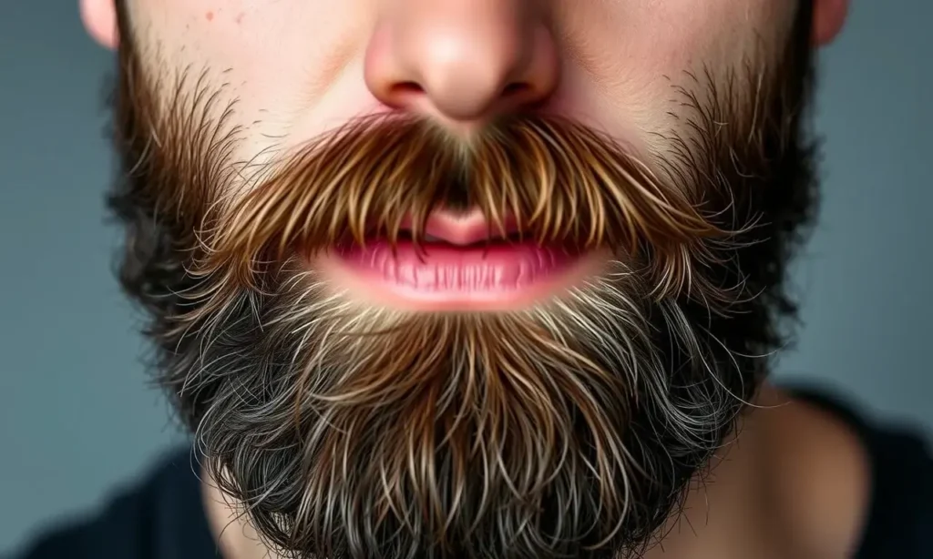 A close-up portrait of a man with a thick, well-groomed beard and healthy-looking skin, demonstrating successful beard growth on oily skin. The image should focus on the texture of the beard and the condition of the skin, with a clean, professional aesthetic.